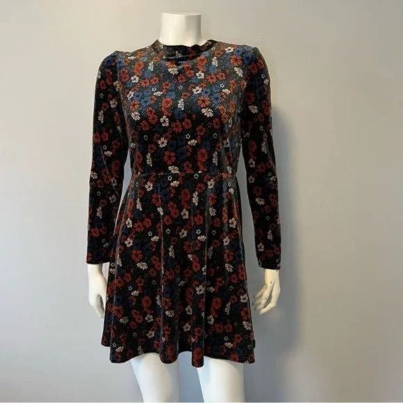 Topshop floral velvet mock neck fit and flare mini dress with full sleeves US 8 - Picture 1 of 11